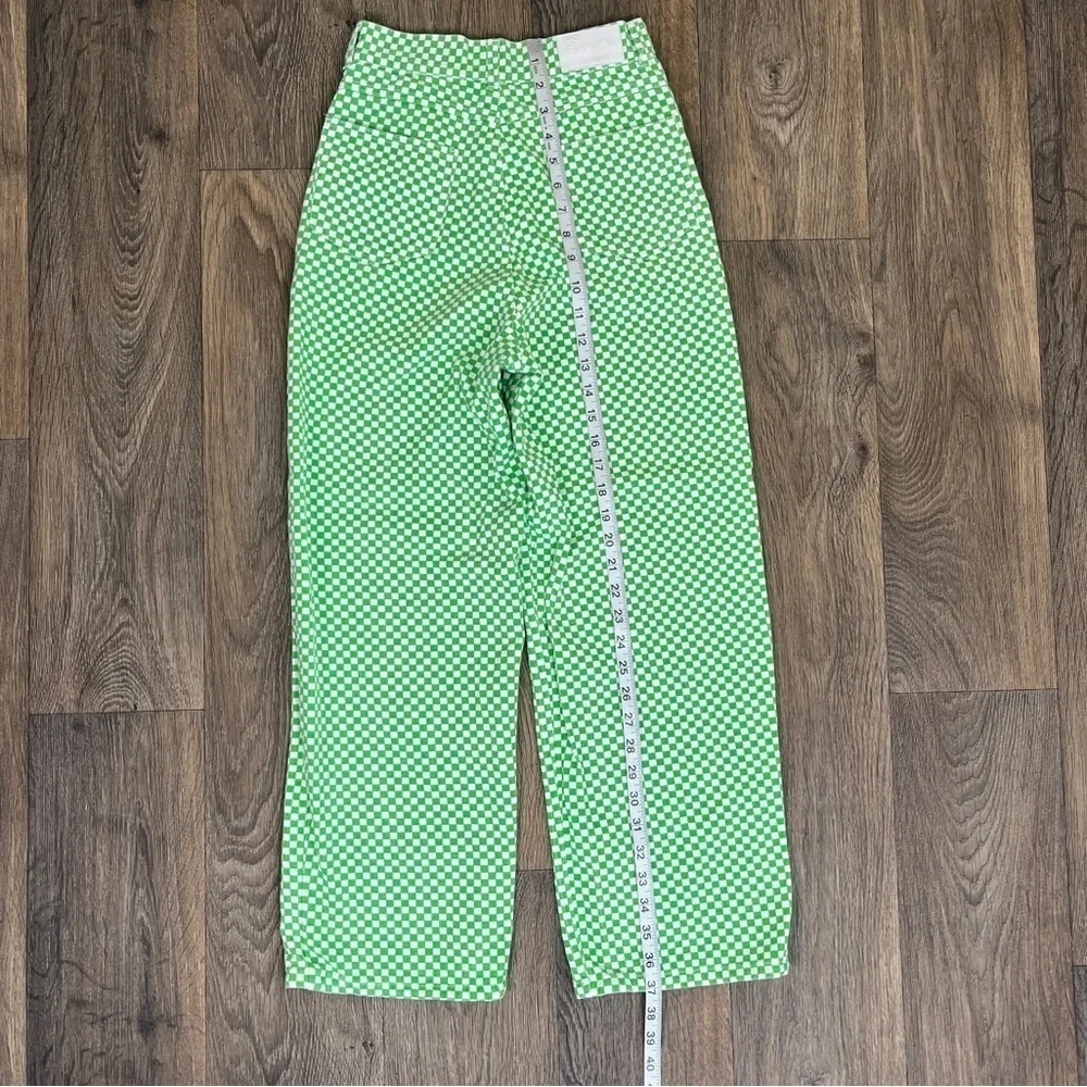 Shekou Women Size XS Linen Green Checkered Straight Leg High Waisted Trousers